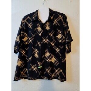 Claiborne Mens  100% Silk Shirt XL Black Brown  Short Sleeve Collared Button Up
